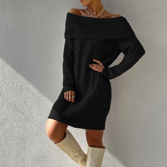 Foldover Off Shoulder Cable Knit Sweater Dress Black - Picture 3 of 4